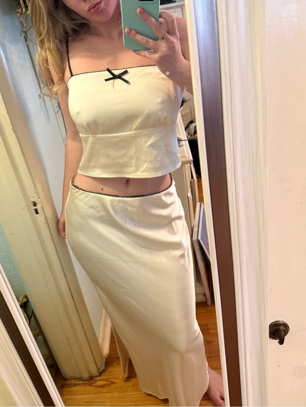 Two Piece White Satin Tank and Skirt Set